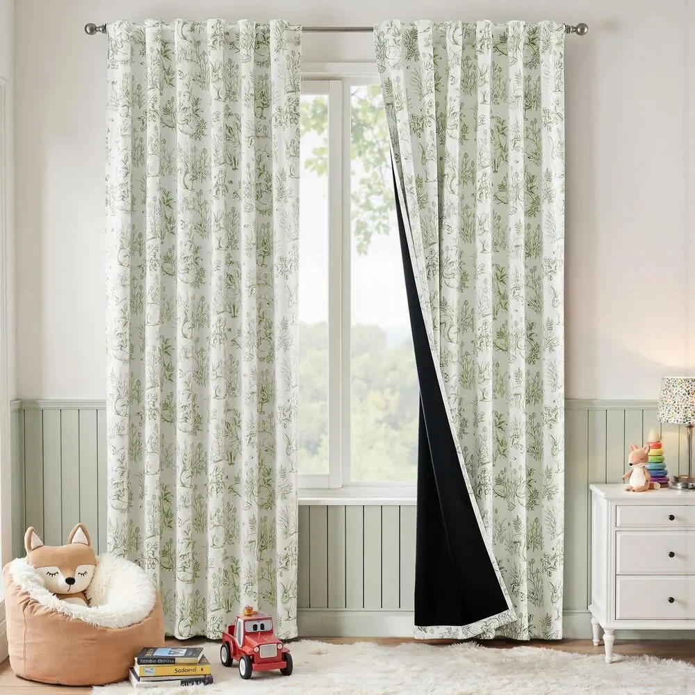 Set of 2 Panels, 52Wx84L, 95% Blackout Curtains (Sage Green, Bunny Woodland)